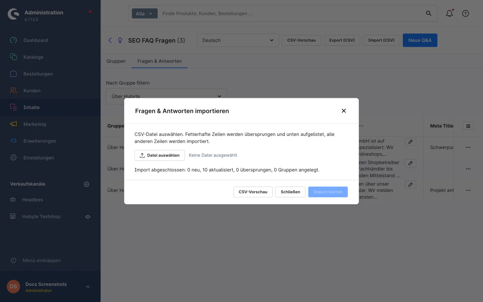 Import dialog with result